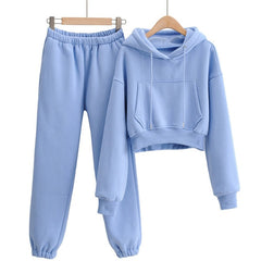 Voguable Women's Tracksuit Crop Top Hoodies Two Pieces Set High Waist Pullover Hooded Joggers Suit Female 2021 Autumn Lady Sportwear Sets voguable
