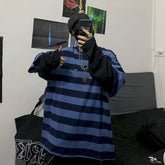 Voguable Autumn Korean Oversized Tshirt Women T Shirt Men Loose Harajuku BF Retro Striped Fake Two-piece Long-sleeved T-shirt Student Top voguable
