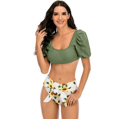 Voguable Sexy Bikini 2021 Solid Color Swimwear Women Bandeau Swimsuit Short Sleeve Summer High Waist Cut Backless Bathing Suit Beachwear voguable
