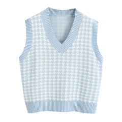 KPYTOMOA Women 2021 Fashion Oversized Houndstooth Knitted Vest Sweater Vintage Sleeveless Side Vents Female Waistcoat Chic Tops voguable