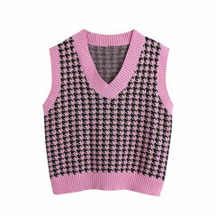 KPYTOMOA Women 2021 Fashion Oversized Houndstooth Knitted Vest Sweater Vintage Sleeveless Side Vents Female Waistcoat Chic Tops voguable