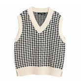KPYTOMOA Women 2021 Fashion Oversized Houndstooth Knitted Vest Sweater Vintage Sleeveless Side Vents Female Waistcoat Chic Tops voguable