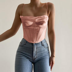 Voguable Satin Corset Top Spaghetti Strap Lining Cowl Neck Boning Padded 2Layer Backless Zipper Bustier Sexy Crop Tops Women 2021 voguable
