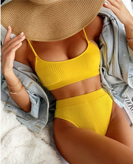 Voguable High Waist Bikinis Swimsuit Women  Sexy Solid Biquini Push Up Swimwears Triangle Bikini Ribbed Bathing Suits Women Beachwear voguable