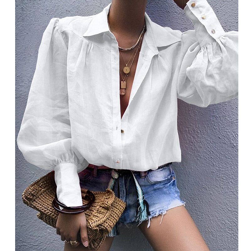 Women Cotton Linen Shirt Casual Solid Tops Blouse Long Lantern Sleeve Button Turn Down Collar Loose Oversize Shirts for Autumn voguable