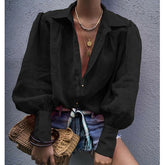 Women Cotton Linen Shirt Casual Solid Tops Blouse Long Lantern Sleeve Button Turn Down Collar Loose Oversize Shirts for Autumn voguable