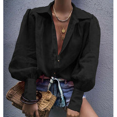 Women Cotton Linen Shirt Casual Solid Tops Blouse Long Lantern Sleeve Button Turn Down Collar Loose Oversize Shirts for Autumn voguable