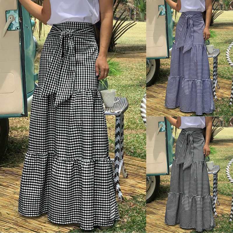 Voguable Long Skirts Women 2022 Autumn Celmia Vintage High-Waist Female Skirts Casual Plaid Check Loose Printed Belted Pleated Maxi Skirt voguable