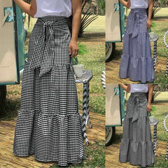Voguable Long Skirts Women 2022 Autumn Celmia Vintage High-Waist Female Skirts Casual Plaid Check Loose Printed Belted Pleated Maxi Skirt voguable