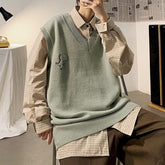 Voguable 2021 Spring Men's Trendy Dinosaur Sweater Embroidered Loose V-neck Sweater Vest Woman Casual Streetwear Tops Clothing argyle voguable
