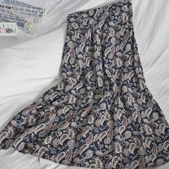Floral Purple Print Ruffle Pleated Long Skirts 2021 Summer Women Korean Style Streetwear Drawstring Elastic Waist Midi Skirt voguable