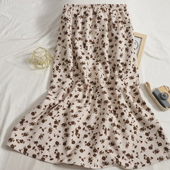 Floral Purple Print Ruffle Pleated Long Skirts 2021 Summer Women Korean Style Streetwear Drawstring Elastic Waist Midi Skirt voguable