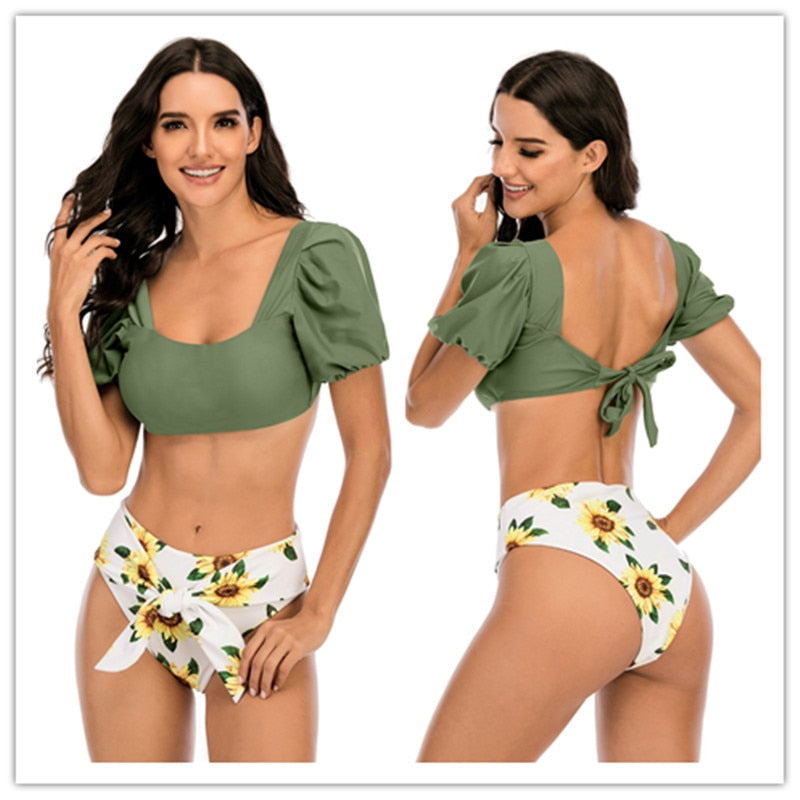 Voguable Sexy Bikini 2021 Solid Color Swimwear Women Bandeau Swimsuit Short Sleeve Summer High Waist Cut Backless Bathing Suit Beachwear voguable