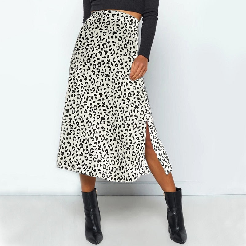 Summer women vintage elegant beach midi boho skirt 2021 Women Leopard print split sexy zip skirts womens Casual skirts female voguable