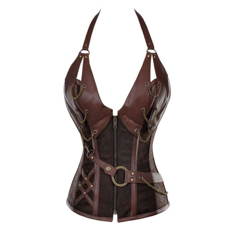 Voguable Gothic Steampunk Corset Corselete Women's Corsets Plus Size Halloween Bodice Plus Size Straitjacket Leather Steel Boned Bustier voguable