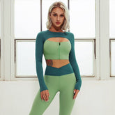VOGUABLE Long Sleeve Sports 2 Piece Suit Women Top Zipper High Waist Breathable Leggings Set Fitness Yoga Cycling Sportswear Sets voguable