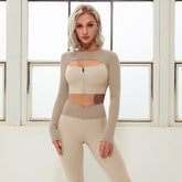 VOGUABLE Long Sleeve Sports 2 Piece Suit Women Top Zipper High Waist Breathable Leggings Set Fitness Yoga Cycling Sportswear Sets voguable