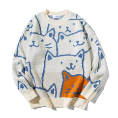 Voguable Cute Cartoon Cat Sweater for Women O-neck Knitted Men's Autumn Winter New Loose Fit Couple Pullovers Lady Knit Coat voguable