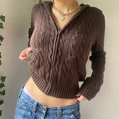 Voguable Vintage Brown Solid Hooded Y2K Sweaters Women Autumn Winter Lantern Sleeve Zip Up Jacket Cardigan Knitted Hoodies 2021 voguable