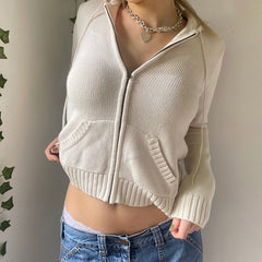 Voguable Vintage Brown Solid Hooded Y2K Sweaters Women Autumn Winter Lantern Sleeve Zip Up Jacket Cardigan Knitted Hoodies 2021 voguable