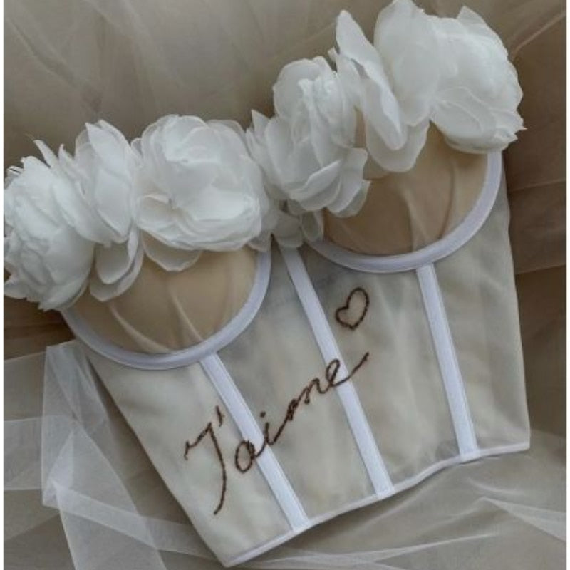 Fairy 3D Flowers Embroidered Fish Bone Corset Camisoles Tube Wrap Chest Bra Tank Tops Lace Cami Crop Rhinestone Mesh Top 2022 voguable