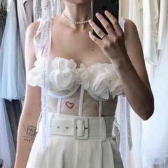 Fairy 3D Flowers Embroidered Fish Bone Corset Camisoles Tube Wrap Chest Bra Tank Tops Lace Cami Crop Rhinestone Mesh Top 2022 voguable