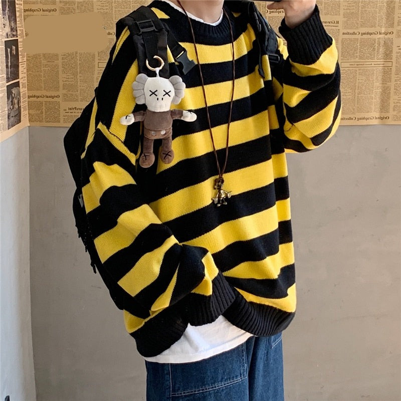 Voguable Men's Autumn Round Neck Sweater Korean Loose Casual Oversize Knit Pullover Youth Trend Fashion Striped Sweater Men voguable