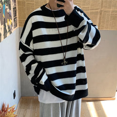 Voguable Men's Autumn Round Neck Sweater Korean Loose Casual Oversize Knit Pullover Youth Trend Fashion Striped Sweater Men voguable