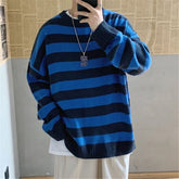 Voguable Men's Autumn Round Neck Sweater Korean Loose Casual Oversize Knit Pullover Youth Trend Fashion Striped Sweater Men voguable