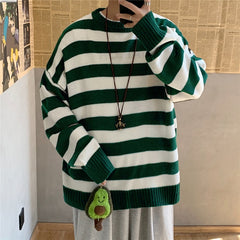 Voguable Men's Autumn Round Neck Sweater Korean Loose Casual Oversize Knit Pullover Youth Trend Fashion Striped Sweater Men voguable