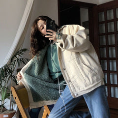 Plus Velvet Thick Autumn And Winter Cotton Clothing New Korean Stitching Women'S Fashion Coat Female Student Short Denim Jacket voguable