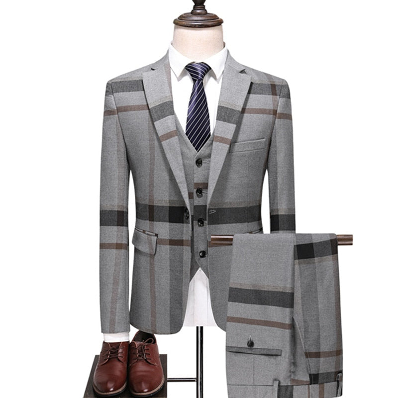 Voguable Men's Wedding Plaid Blue Gray Blazers Jacket Pants Vest 3 Pcs Set 202 Slim Fit Business Tuxedo Dress Classic Formal Suits Coat voguable