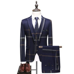 Voguable Men's Wedding Plaid Blue Gray Blazers Jacket Pants Vest 3 Pcs Set 202 Slim Fit Business Tuxedo Dress Classic Formal Suits Coat voguable