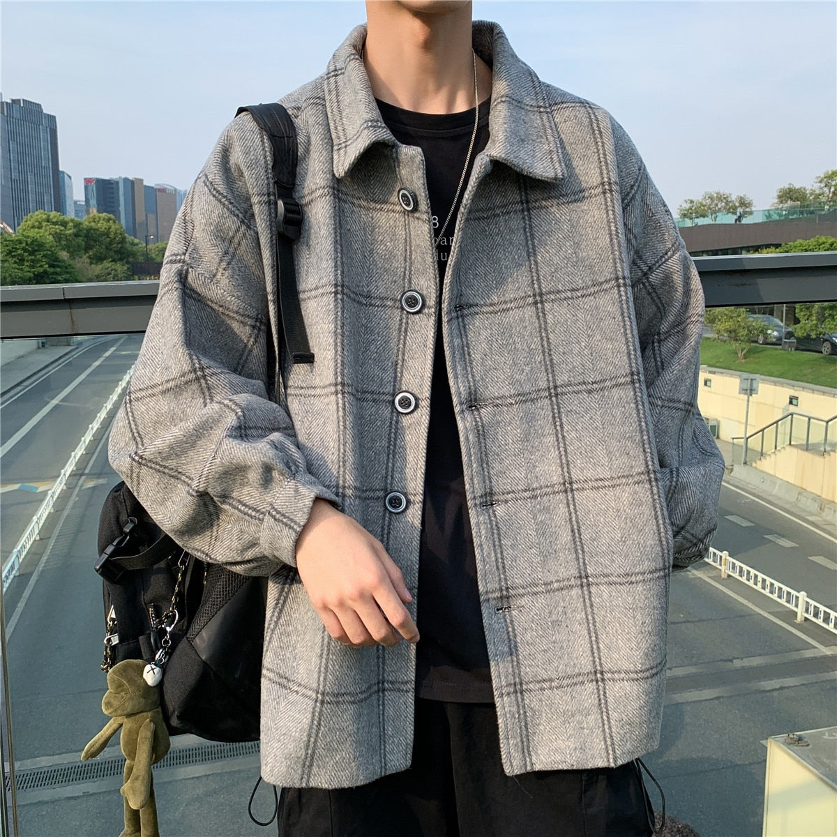 Voguable Men Korean Style Overcoat Wool Plaid Men's Streetwear Windbreaker Harajuku Fashions Oversize Jackets Coats voguable