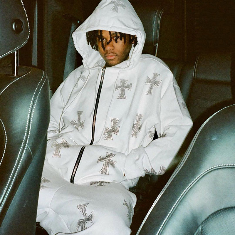 Voguable Hip Hop Sweatshirt Rhinestone Graphics Men's Oversized Hoodies Joggers Y2K Aesthetic Zip Up Punk Sport Jacket Men Streetwear voguable