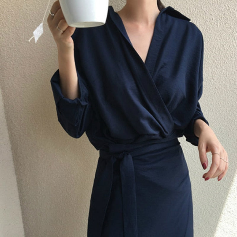Women Fall Elegant V Neck Solid Bandage Bodycon Long Shirt Dress Female Solid Plus Size Vestido Long Sleeve Robe Femme clothes voguable