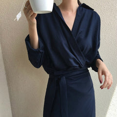 Women Fall Elegant V Neck Solid Bandage Bodycon Long Shirt Dress Female Solid Plus Size Vestido Long Sleeve Robe Femme clothes voguable
