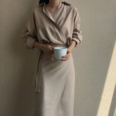 Women Fall Elegant V Neck Solid Bandage Bodycon Long Shirt Dress Female Solid Plus Size Vestido Long Sleeve Robe Femme clothes voguable