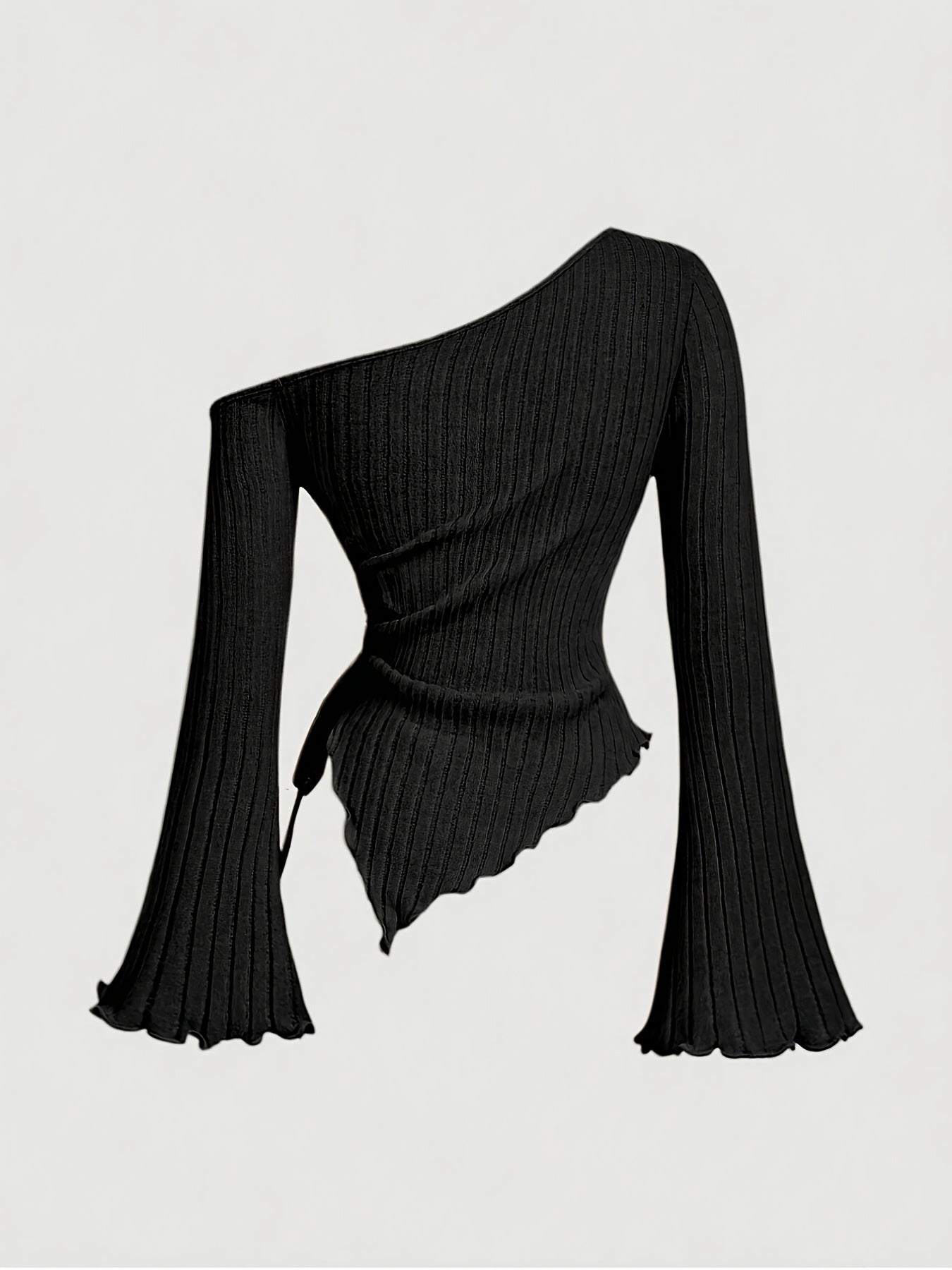 Elegant Asymmetrical Hem Flare Sleeve Off-Shoulder T-Shirt, Polyester Knit Fabric with Elastane, Solid Color, Long Batwing Sleeves, Skinny Fit, Medium Stretch, for All Seasons voguable