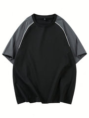 [100% Polyester Crew Neck T-Shirt] Men'S Casual Color Block Crew Neck T-Shirt - Polyester 100%, Knit Fabric, Raglan Short Sleeve, Regular Fit, Non-Stretch, Long Length Pullover for Weekend Casual - Fall Collection voguable