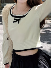 Casual Knitwear] Chic Women's Beige Knit Top with Bowknot Detail - Square Neck, Long Sleeve, Ribbed Trim, Polyester - Machine Washable for Spring/Fall Fashion voguable