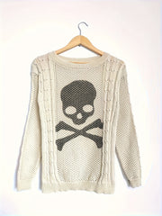 [Skull Pattern Boat Neck Sweater] Skull Pattern Boat Neck Sweater, Casual Eyelet Long Sleeve Sweater For Spring & Fall, Women's Clothing voguable
