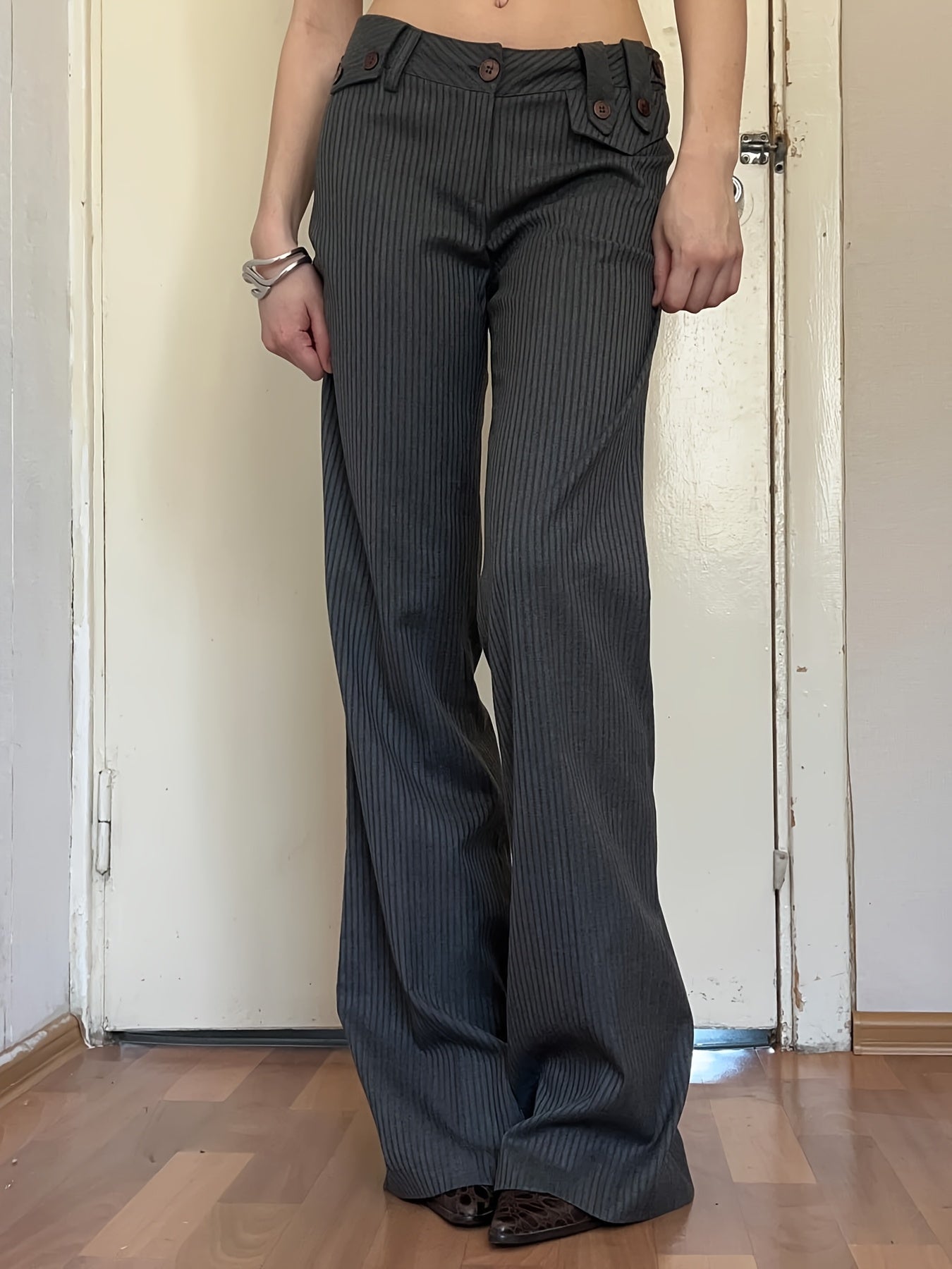 Women'S Casual Versatile Striped Woven Pants, 95% Polyester 5% Elastane, All-Season Straight Leg Trousers, 150g/m² Fabric Weight, Perfect for Adult - Woven Polyester 95.00% voguable