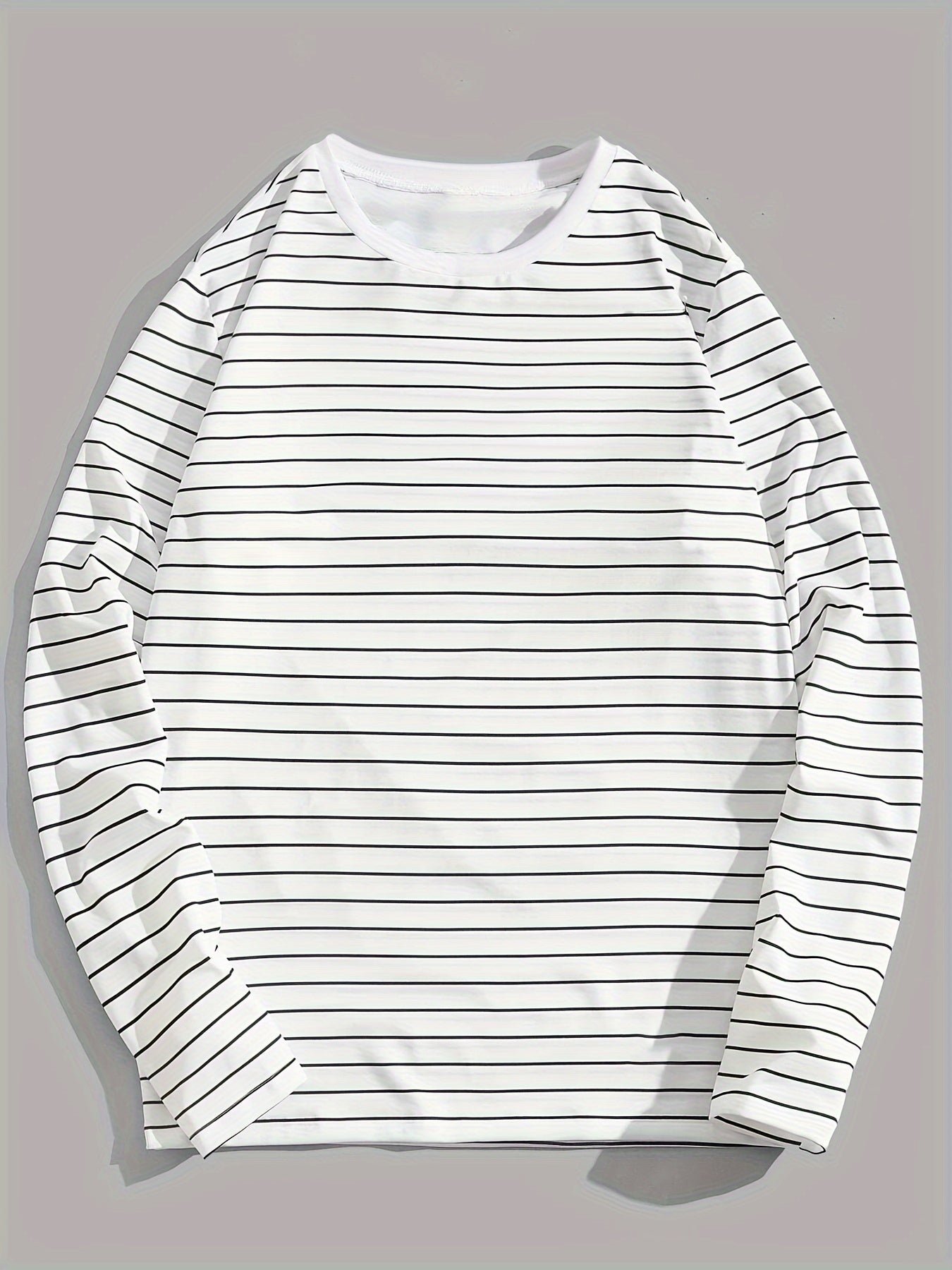 Men's Simple Black Striped Print Long Sleeve T-Shirt, Versatile for Spring/Autumn, Casual Round Neck, Polyester Fabric, Regular Fit, Adult Size gotmes-shop