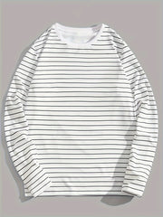 Men's Simple Black Striped Print Long Sleeve T-Shirt, Versatile for Spring/Autumn, Casual Round Neck, Polyester Fabric, Regular Fit, Adult Size gotmes-shop