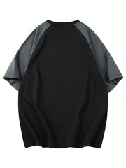 [100% Polyester Crew Neck T-Shirt] Men'S Casual Color Block Crew Neck T-Shirt - Polyester 100%, Knit Fabric, Raglan Short Sleeve, Regular Fit, Non-Stretch, Long Length Pullover for Weekend Casual - Fall Collection voguable