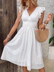 [A-line Shirred Waist Hollow Dress] Shirred Waist Hollow A-line Dress, Vacation V Neck Ruffle Sleeve Dress For Spring & Summer, Women's Clothing Wedding graduation engagement occasion ceremony party holiday vacation birthday voguable