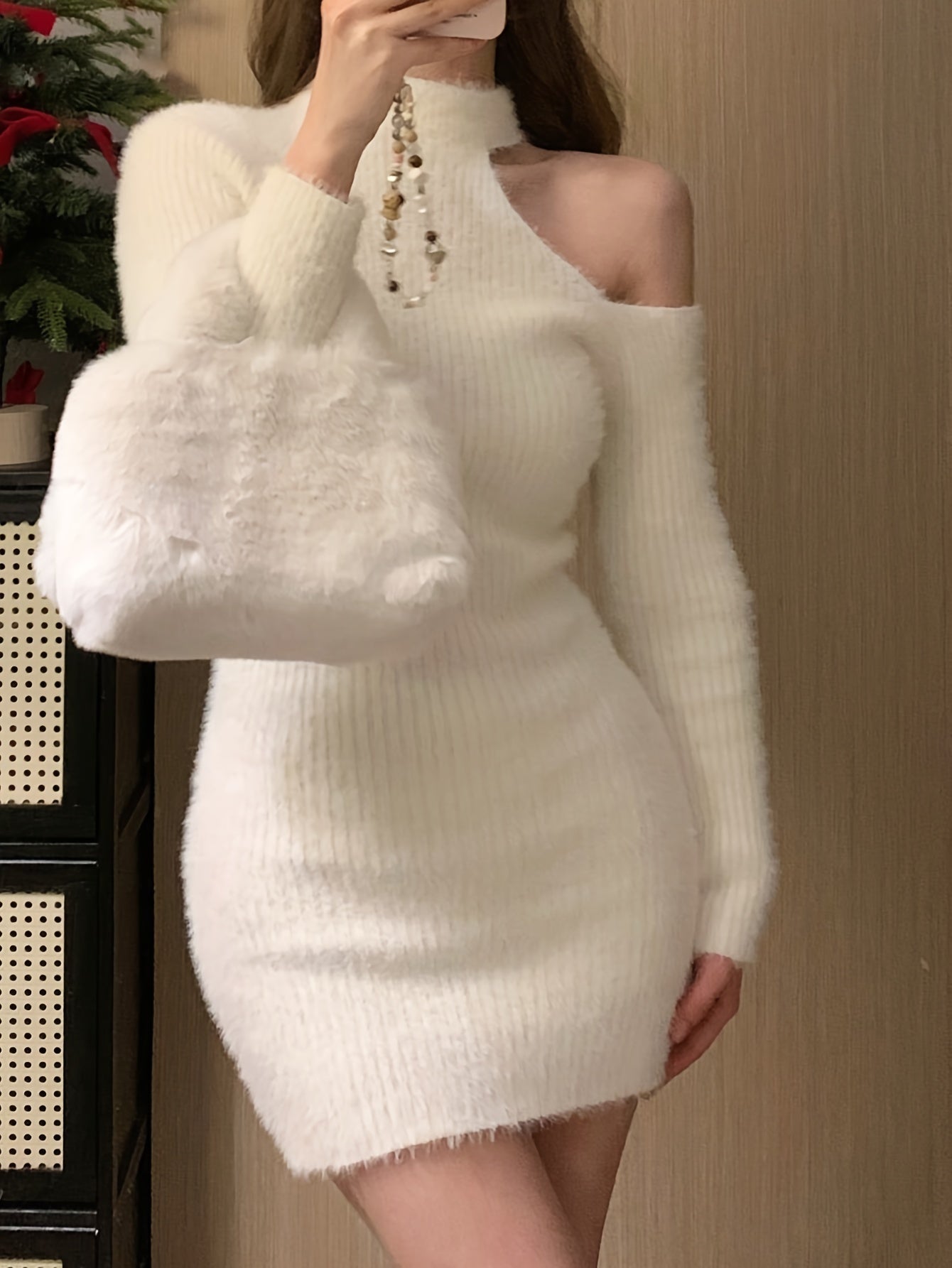 Cold Shoulder Mock Neck Sweater Dress, Chic Solid Color Aline Bodycon Long Sleeve Dress For Spring & Fall, Women's Clothing voguable