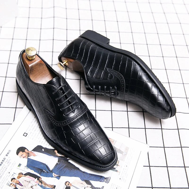 Oxford Shoes Men Shoes PU Color-blocking Classic Business Casual Banquet Daily Retro Crocodile Pattern Lace-up Dress Shoes