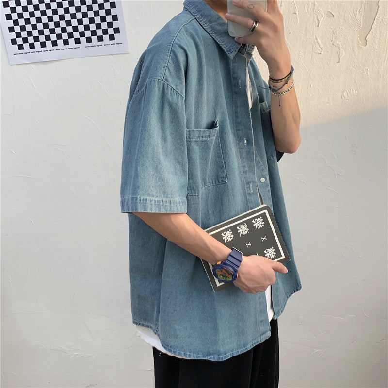 Voguable 90s fashion men Summer New 5-Point Short Sleeve Denim Men's Shirt Korean Style Couple Loose Half Sleeve Short Sleeve Shirt Men's Batch voguable